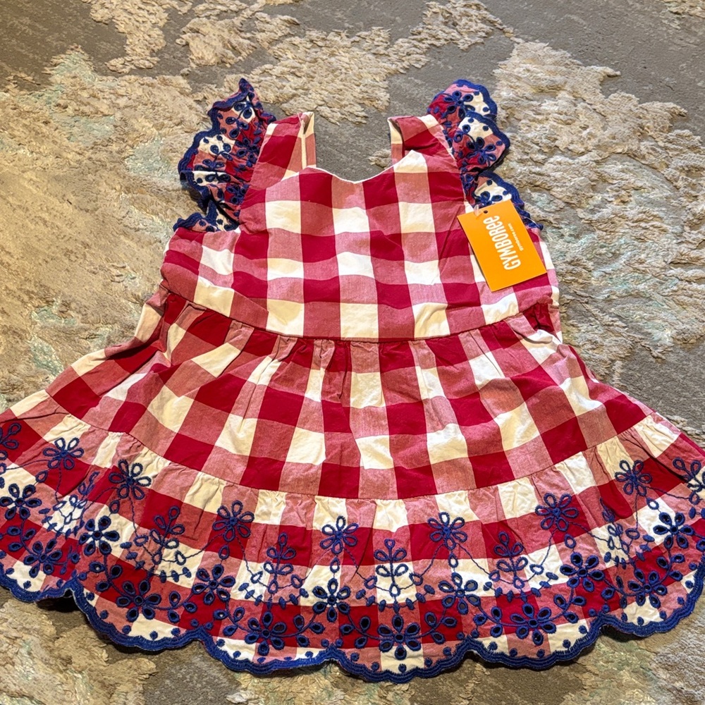 Gymboree Red and White Plaid Dress with Blue Floral Accents